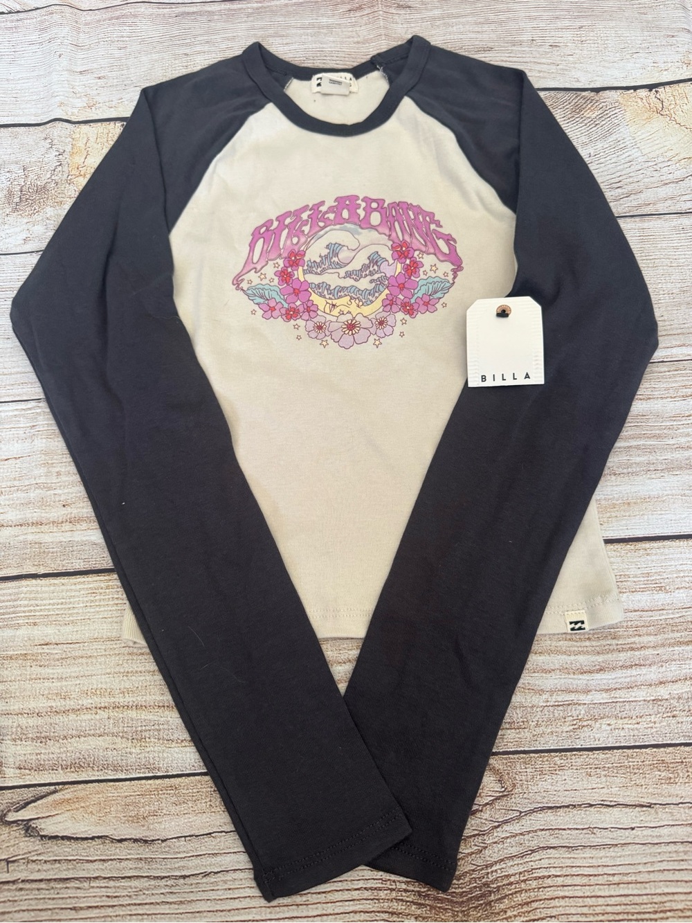 Billabong Kids Long Sleeve Raglan Tee in Black, Cream & Pink Graphic